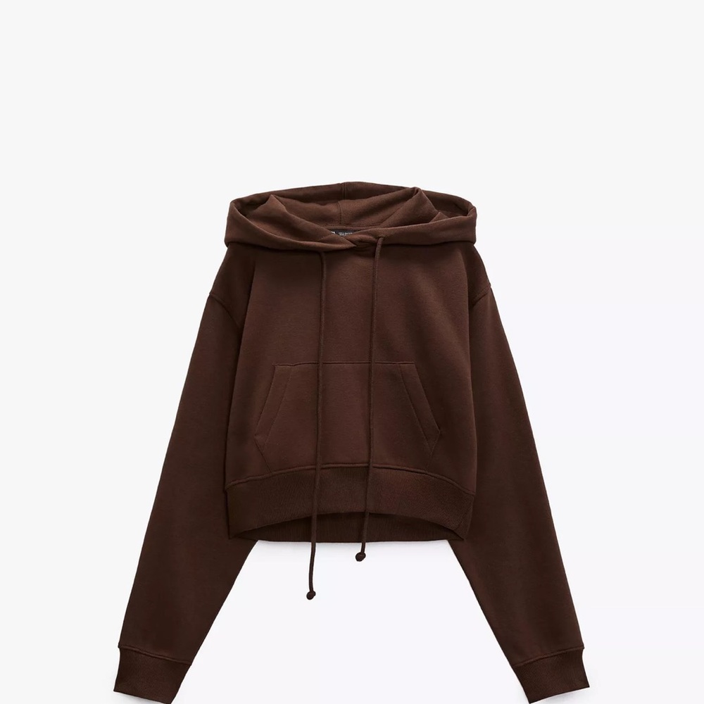 Zara Dark Brown Espresso cropped drawstring Hoodie sweater Large